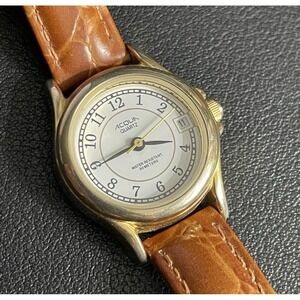 Vintage ACQUA Watch Women's WORKS Date Gold Tone Leather Band White Dial Quartz
